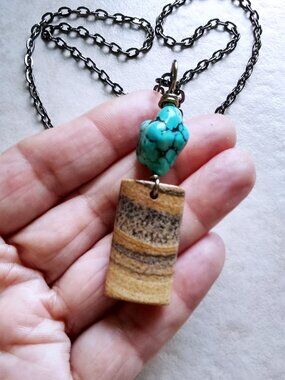 Masculine & Rustic! Tan Landscape Jasper + Turquoise Magnesite Pendant Necklace